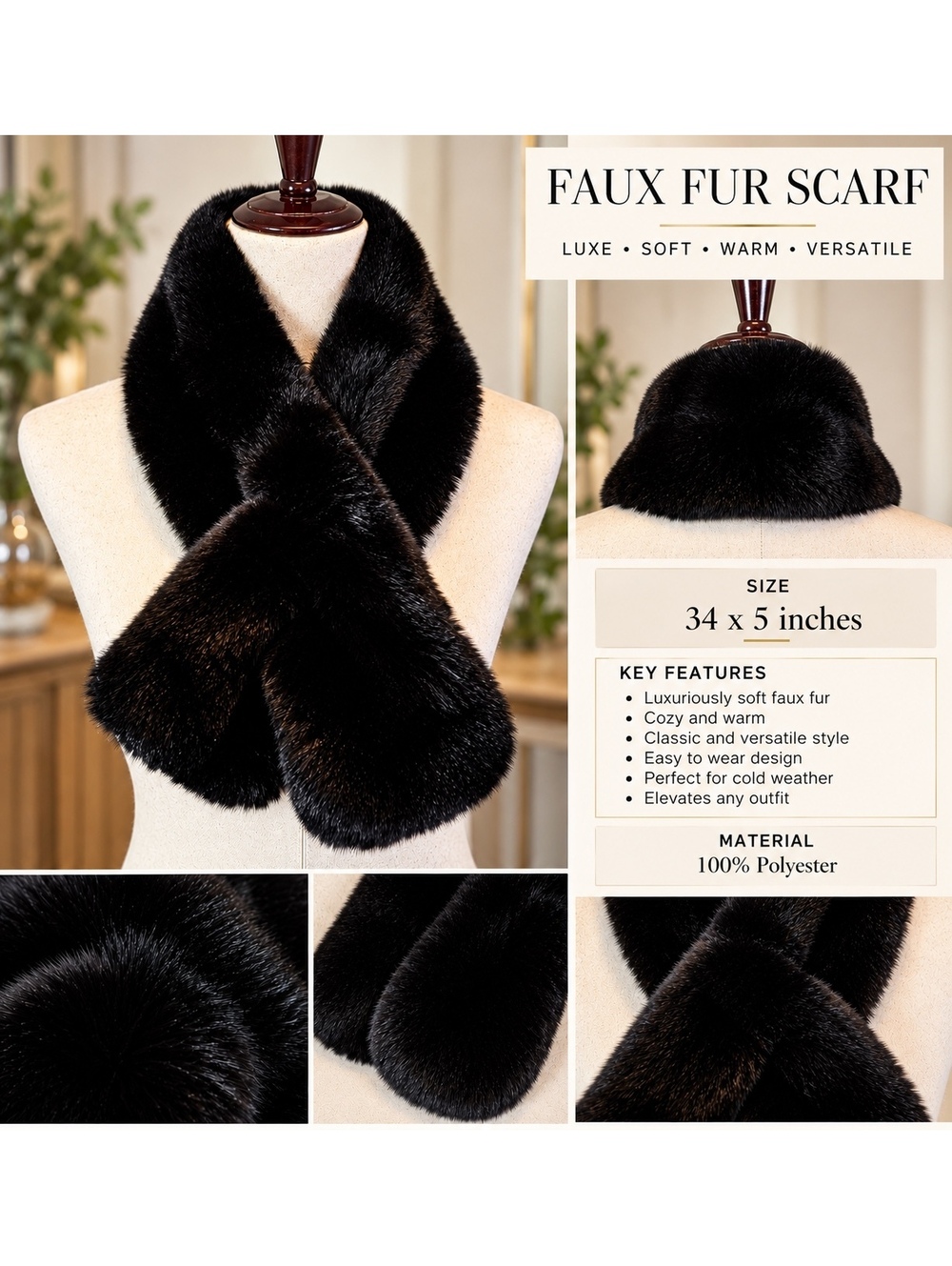 Luxurious Black Faux Fur Scarf 34x5 Inches Cozy and Warm